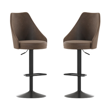 Flash Furniture Chrishelle Set of 2 Commercial Adjustable Height Barstools w/ LeatherSoft Upholstered Tufted Seats & Pedestal Base w/ Footring, Brown, Model# SY-802-BR-GG