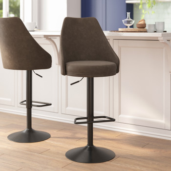 Flash Furniture Chrishelle Set of 2 Commercial Adjustable Height Barstools w/ LeatherSoft Upholstered Tufted Seats & Pedestal Base w/ Footring, Brown, Model# SY-802-BR-GG