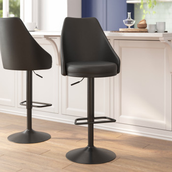 Flash Furniture Chrishelle Set of 2 Commercial Adjustable Height Barstools w/ LeatherSoft Upholstered Tufted Seats & Pedestal Base w/ Footring, Black, Model# SY-802-BK-GG