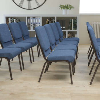 Flash Furniture HERCULES Series 18.5''W Stacking Church Chair in Blue Fabric Gold Vein Frame, Model# FD-CH02185-GV-BLUE-GG