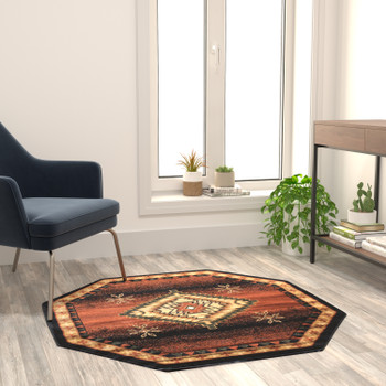 Flash Furniture Mirage Collection Southwestern Style Round 4' x 4' Brown Olefin Area Rug w/ Jute Backing for Entryway, Bedroom, Living Room, Model# NR-RGB357-44-BK-GG