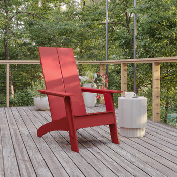 Flash Furniture Sawyer Modern Commercial 2-Slat Back Adirondack Chair Red Commercial All-Weather Poly Resin Lounge Chair, Model# JJ-C14509-RED-GG