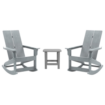 Flash Furniture Set of 2 Gray Finn Modern Commercial Grade All-Weather 2-Slat Poly Resin Rocking Adirondack Chairs w/ Matching Side Table, Model# JJ-C14709-2-T14001-GY-GG