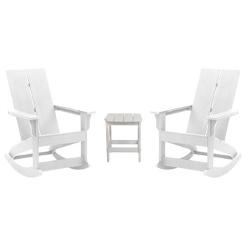 Flash Furniture Set of 2 White Finn Modern Commercial Grade All-Weather 2-Slat Poly Resin Rocking Adirondack Chairs w/ Matching Side Table, Model# JJ-C14709-2-T14001-WH-GG