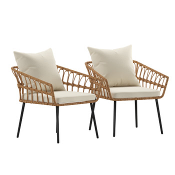 Flash Furniture Evin Set of 2 Boho Indoor/Outdoor Rope Rattan Wicker Patio Chairs w/ Cream All-Weather Cushions, Natural, Model# SB-1960-CH-CREAM-GG
