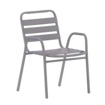 Flash Furniture Lila Commercial Silver Metal Indoor-Outdoor Restaurant Stack Chair w/ Metal Triple Slat Back & Arms, Model# TLH-018C-GG