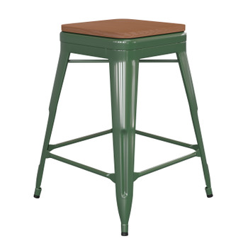 Flash Furniture Kai Commercial Grade 24" High Backless Green Metal Indoor-Outdoor Counter Height Stool w/ Teak Poly Resin Wood Seat, Model# CH-31320-24-GN-PL2T-GG