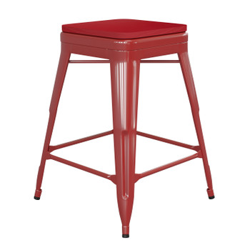 Flash Furniture Kai Commercial Grade 24" High Backless Red Metal Indoor-Outdoor Counter Height Stool w/ Red Poly Resin Wood Seat, Model# CH-31320-24-RED-PL2R-GG