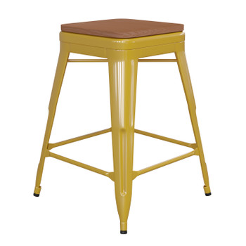 Flash Furniture Kai Commercial Grade 24" High Backless Yellow Metal Indoor-Outdoor Counter Height Stool w/ Teak Poly Resin Wood Seat, Model# CH-31320-24-YL-PL2T-GG