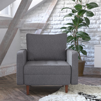 Flash Furniture Hudson Mid-Century Modern Commercial Grade Armchair w/ Tufted Faux Linen Upholstery & Solid Wood Legs in Dark Gray, Model# IS-PC100-DKGY-GG
