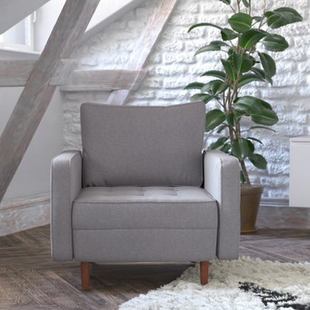 Flash Furniture Hudson Mid-Century Modern Commercial Grade Armchair w/ Tufted Faux Linen Upholstery & Solid Wood Legs in Slate Gray, Model# IS-PC100-GY-GG