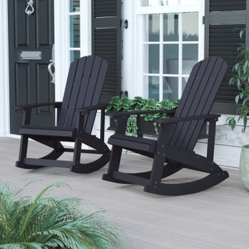 Flash Furniture Savannah Commercial Grade All-Weather Poly Resin Wood Adirondack Rocking Chair w/ Rust Resistant Stainless Steel Hardware in Black Set of 2, Model# JJ-C14705-BK-2-GG