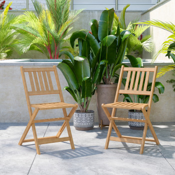 Flash Furniture Martindale Indoor/Outdoor Folding Acacia Wood Patio Bistro Chairs w/ X Base Frame & Slatted Back & Seat in Natural Finish, Set of 2, Model# THB-C1244-NAT-GG