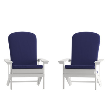 Flash Furniture Charlestown 2 PK Adirondack White Chairs-Blue Cushions, Model# 2-JJ-C14501-CSNBL-WH-GG