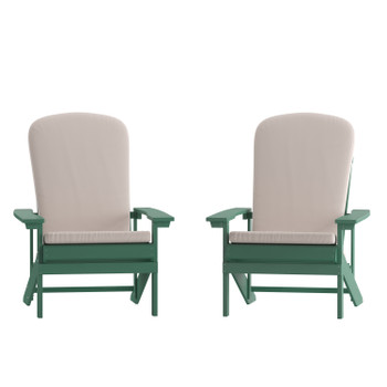 Flash Furniture Charlestown Set of 2 All-Weather Poly Resin Wood Adirondack Chairs in Green w/ Cream Cushions for Deck, Porch, & Patio, Model# 2-JJ-C14501-CSNCR-GRN-GG