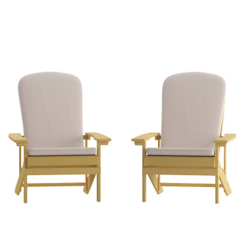 Flash Furniture Charlestown Set of 2 All-Weather Poly Resin Wood Adirondack Chairs in Yellow w/ Cream Cushions for Deck, Porch, & Patio, Model# 2-JJ-C14501-CSNCR-YLW-GG