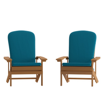 Flash Furniture Charlestown Set of 2 All-Weather Poly Resin Wood Adirondack Chairs in Teak w/ Teal Cushions for Deck, Porch, & Patio, Model# 2-JJ-C14501-CSNTL-TEAK-GG