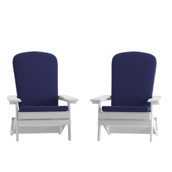 Flash Furniture Charlestown 2 PK Folding Adirondack White Chairs-Blue Cushions, Model# 2-JJ-C14505-CSNBL-WH-GG