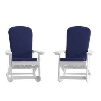 Flash Furniture Savannah Set of 2 All-Weather Poly Resin Wood Adirondack Rocking Chairs in White w/ Blue Cushions for Deck, Porch, & Patio, Model# 2-JJ-C14705-CSNBL-WH-GG