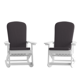 Flash Furniture Savannah Set of 2 All-Weather Poly Resin Wood Adirondack Rocking Chairs in White w/ Gray Cushions for Deck, Porch, & Patio, Model# 2-JJ-C14705-CSNGY-WH-GG