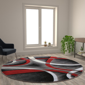 Flash Furniture Atlan Collection 8' x 8' Red Round Abstract Area Rug, Model# KP-RG951-88-RD-GG