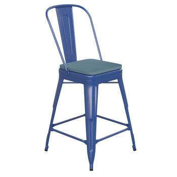 Flash Furniture Kai Commercial Grade 24" High Blue Metal Indoor-Outdoor Counter Height Stool w/ Removable Back & Teal Blue All-Weather Poly Resin Seat, Model# CH-31320-24GB-BL-PL2C-GG