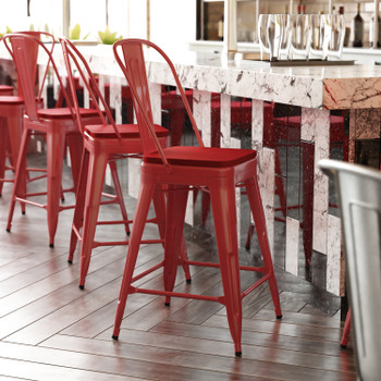 Flash Furniture Kai Commercial Grade 24" High Red Metal Indoor-Outdoor Counter Height Stool w/ Removable Back & Red All-Weather Poly Resin Seat, Model# CH-31320-24GB-RED-PL2R-GG