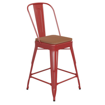 Flash Furniture Kai Commercial Grade 24" High Red Metal Indoor-Outdoor Counter Height Stool w/ Removable Back & Teak All-Weather Poly Resin Seat, Model# CH-31320-24GB-RED-PL2T-GG