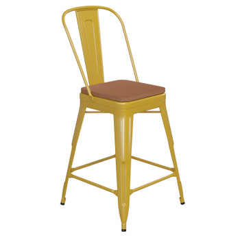 Flash Furniture Kai Commercial Grade 24" High Yellow Metal Indoor-Outdoor Counter Height Stool w/ Removable Back & Teak All-Weather Poly Resin Seat, Model# CH-31320-24GB-YL-PL2T-GG