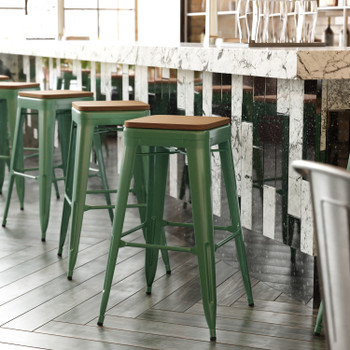 Flash Furniture Kai Commercial Grade 30" High Backless Green Metal Indoor-Outdoor Barstool w/ Teak Poly Resin Wood Seat, Model# CH-31320-30-GN-PL2T-GG