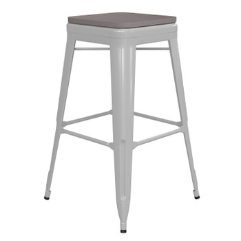 Flash Furniture Kai Commercial Grade 30" High Backless White Metal Indoor-Outdoor Barstool w/ Gray Poly Resin Wood Seat, Model# CH-31320-30-WH-PL2G-GG