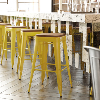Flash Furniture Kai Commercial Grade 30" High Backless Yellow Metal Indoor-Outdoor Barstool w/ Teak Poly Resin Wood Seat, Model# CH-31320-30-YL-PL2T-GG