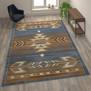 Flash Furniture Lodi Collection Southwestern 8' x 10' Blue Area Rug Olefin Rug w/ Jute Backing for Hallway, Entryway, Bedroom, Living Room, Model# OKR-RG1113-810-BL-GG