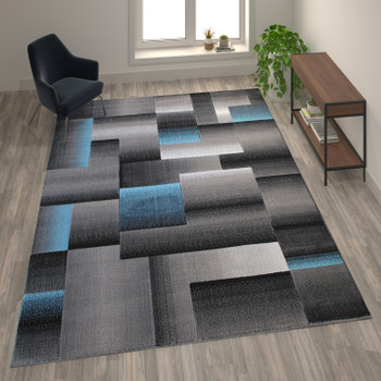 Flash Furniture Elio Collection 8' x 10' Blue Color Blocked Area Rug Olefin Rug w/ Jute Backing Entryway, Living Room, or Bedroom, Model# ACD-RGTRZ861-810-BL-GG