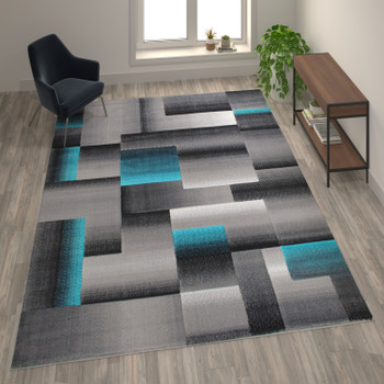 Flash Furniture Elio Collection 8' x 10' Turquoise Color Blocked Area Rug Olefin Rug w/ Jute Backing Entryway, Living Room, or Bedroom, Model# ACD-RGTRZ861-810-TQ-GG