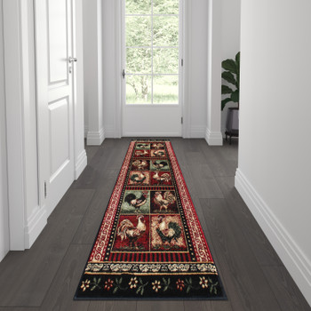 Flash Furniture Gallus Collection 2' x 7' Black Rooster Themed Olefin Area Rug w/ Jute Backing for Kitchen, Living Room, Bedroom, Model# ACD-RG3PPB-27-BK-GG