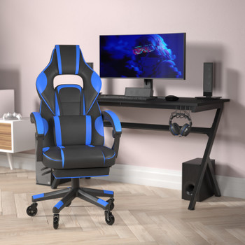 Flash Furniture X40 Gaming Chair Racing Computer Chair w/ Fully Reclining Back/Arms & Transparent Roller Wheels, Slide-Out Footrest, Black/Blue, Model# CH-00288-BL-RLB-GG