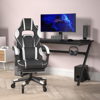 Flash Furniture X40 Gaming Chair Racing Computer Chair w/ Fully Reclining Back/Arms & Transparent Roller Wheels, Slide-Out Footrest, White, Model# CH-00288-WH-RLB-GG