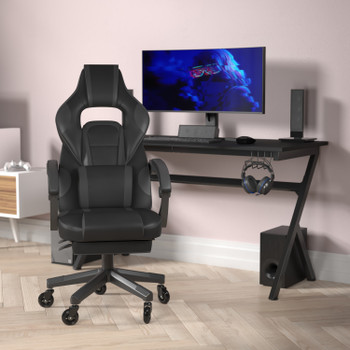 Flash Furniture X40 Gaming Chair Racing Computer Chair w/ Fully Reclining Back/Arms & Transparent Roller Wheels, Slide-Out Footrest, Black/Gray, Model# CH-00288-BK-RLB-GG