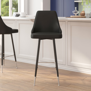 Flash Furniture Shelly Set of 2 Commercial LeatherSoft Bar Height Stools w/ Solid Black Metal Frames & Chrome Accented Feet & Footrests, Black, Model# SY-807-30-BK-GG