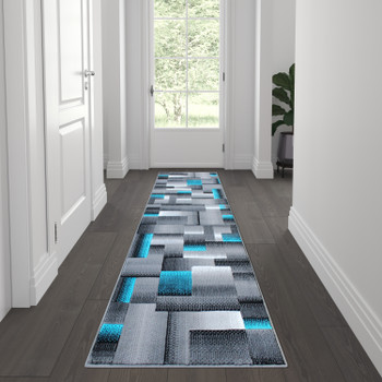 Flash Furniture Elio Collection 2' x 7' Turquoise Color Blocked Area Rug Olefin Rug w/ Jute Backing Entryway, Living Room, or Bedroom, Model# ACD-RGTRZ861-27-TQ-GG