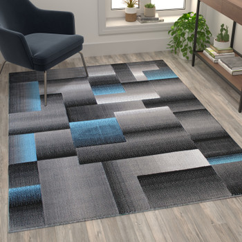 Flash Furniture Elio Collection 5' x 7' Blue Color Blocked Area Rug Olefin Rug w/ Jute Backing Entryway, Living Room, or Bedroom, Model# ACD-RGTRZ861-57-BL-GG