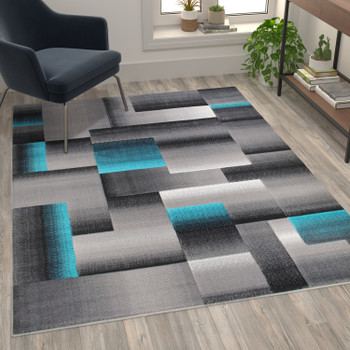 Flash Furniture Elio Collection 5' x 7' Turquoise Color Blocked Area Rug Olefin Rug w/ Jute Backing Entryway, Living Room, or Bedroom, Model# ACD-RGTRZ861-57-TQ-GG