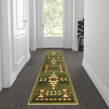 Flash Furniture Lodi Collection Southwestern 2' x 7' Green Area Rug Olefin Rug w/ Jute Backing for Hallway, Entryway, Bedroom, Living Room, Model# OKR-RG1113-27-GN-GG