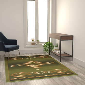 Flash Furniture Lodi Collection Southwestern 5' x 7' Green Area Rug Olefin Rug w/ Jute Backing for Hallway, Entryway, Bedroom, Living Room, Model# OKR-RG1113-57-GN-GG
