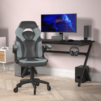 Flash Furniture X10 Gaming Chair Racing Office Computer PC Adjustable Chair w/ Flip-up Arms & Transparent Roller Wheels, Gray/Black LeatherSoft, Model# CH-00095-GY-RLB-GG