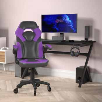 Flash Furniture X10 Gaming Chair Racing Office Computer PC Adjustable Chair w/ Flip-up Arms & Transparent Roller Wheels, Purple/Black LeatherSoft, Model# CH-00095-PR-RLB-GG
