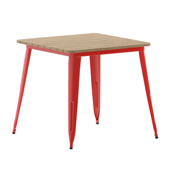 Flash Furniture Declan Commercial Grade Indoor/Outdoor Dining Table, 31.5" Square All Weather Brown Poly Resin Top w/ Red Steel Base, Model# JJ-T14619-80-BRRD-GG