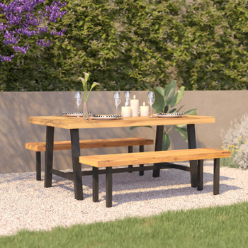 Flash Furniture Rafe Commercial Grade Acacia Wood Dining Table w/ Metal Base, Indoor/Outdoor Rectangle Patio Table w/ Plank Style Table Top, Natural/Black, Model# TT-TT01122-1A-NAT-GG