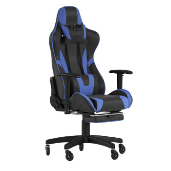 Flash Furniture X30 Gaming Chair Racing Computer Chair w/ Reclining Back, Slide-Out Footrest, & Transparent Roller Wheels in Blue LeatherSoft, Model# CH-187230-BL-RLB-GG